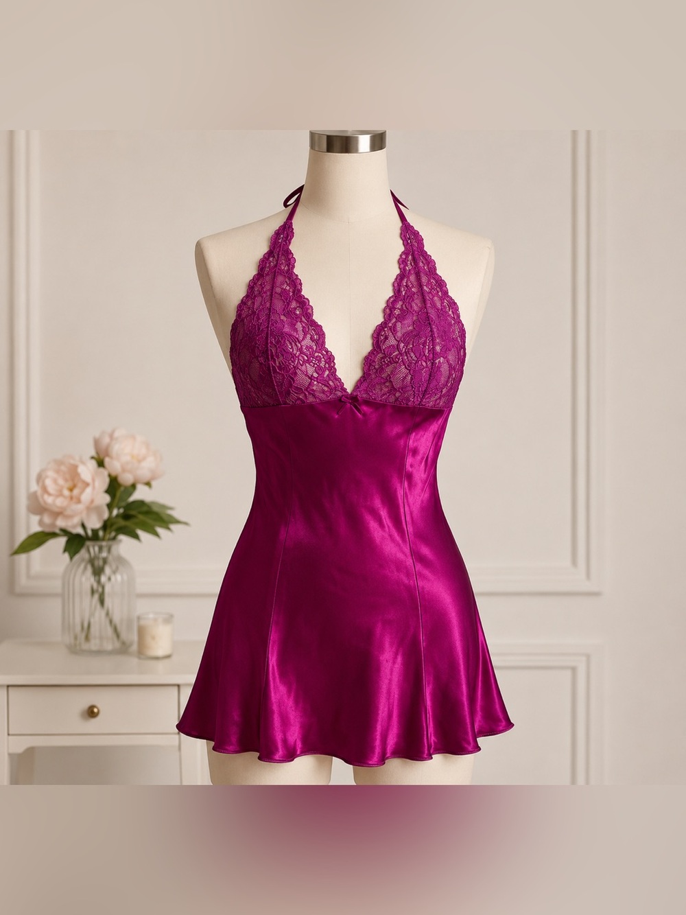 Y2K Frederick’s of Hollywood | Fuchsia Satin Lace Halter Babydoll Chemise | Sz M
